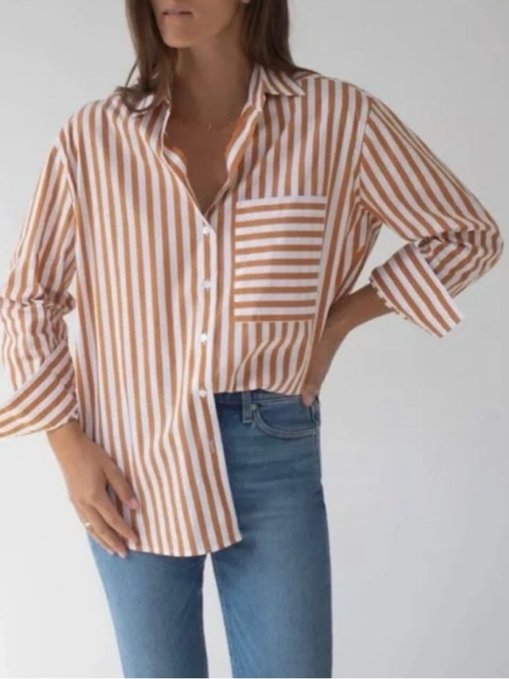 AYR Size Medium Striped Button-Down Shirt - White & Brown